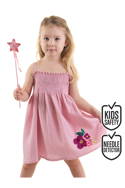 Denokids Flower Patterned Gipe Detailed Muslin Strap Summer Dress for Baby Girl