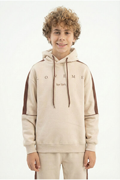 HayKids Erkek Çocuk Bej Kapşonlu Alt Üst Eşofman Takımı Şerit Detaylı Rahat K...