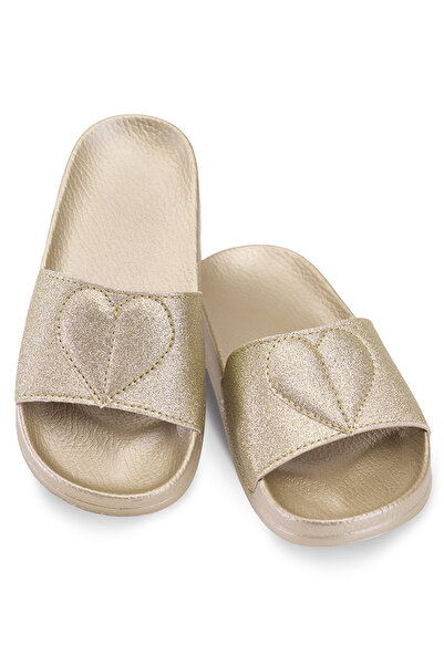 Denokids Heart-Shaped Gold Glitter Girls' Slippers