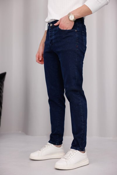 MODAMESTO Men's Navy Blue Denim Jean Trousers Slim Fit Lycra Narrow Leg