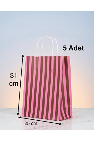 e Erta Pembe Ve Kahverengi Çizgili Kraft Çanta 25x31 Cm 5Adet Hediye Poşeti,H...