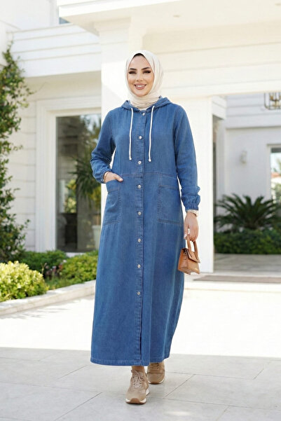 Hb Harma Time Butik Kadın Kapüşonlu Düğmeli Cepli Kot Mavi Kap