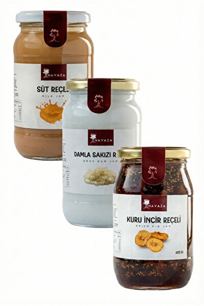 Havaza Süt Reçeli,Damla Sakızı,Kuru Incir Reçeli 3'lü Paket 400 Gr.