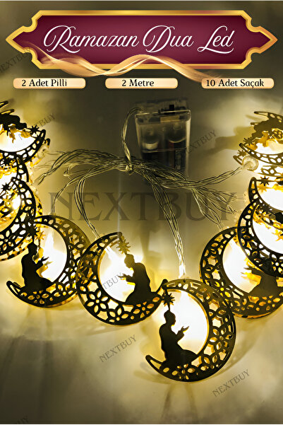 nextbuy Ramazan Dua Temalı Metal Led Işık 2x Pilli 10 Saçaklı Cam Perde Dekor...