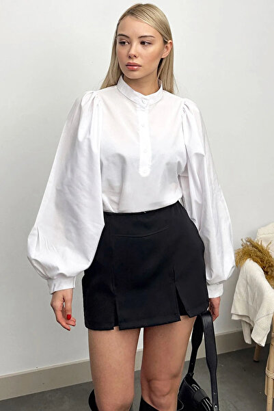 VAGGON Beyaz Hakim Yaka Yarım Pat Balon Kol Poplin Dokuma Gömlek