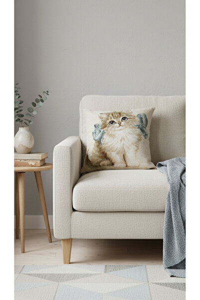 Tropikhome Goblen Kedi Figürlü Dokuma Çift Taraflı Kırlent 45x45 cm
