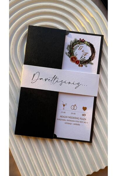 emindijital Siyah Zarflı Kuşaklı Nişan, Nikah, Kına, Düğün Davetiyesi 50 Adet