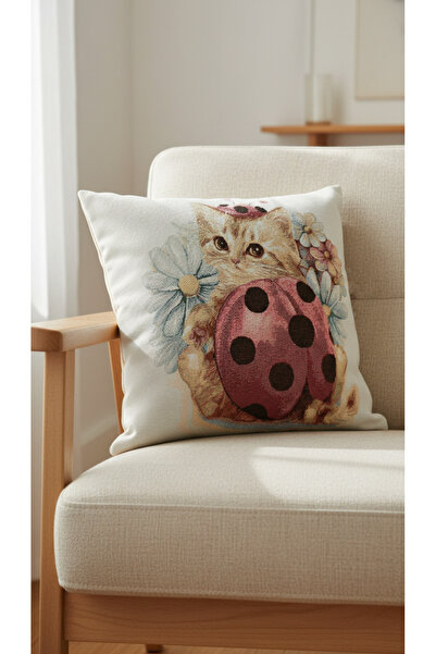 Tropikhome Goblen Uğur Böcekli Kedi Figürlü Dokuma Çift Taraflı Kırlent 45x45 cm