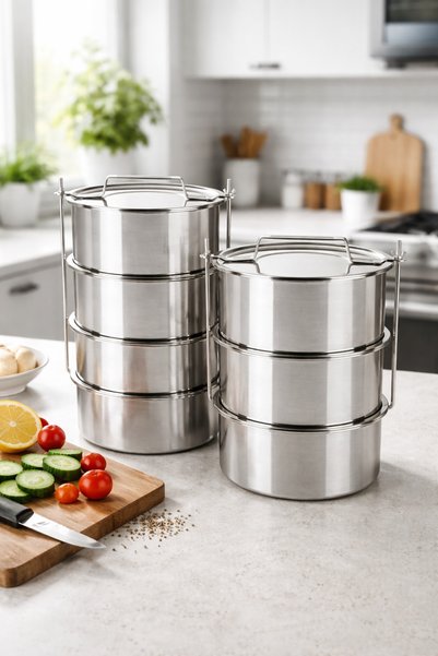 ÖZBİR Stainless Steel Industrial Type Lunch Box 3-Tier Food Container 16X8 cm 1.4 Lt X 3 Pieces