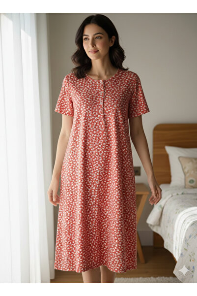 PJS 3-Button Cotton Floral Short-Sleeved Nightgown