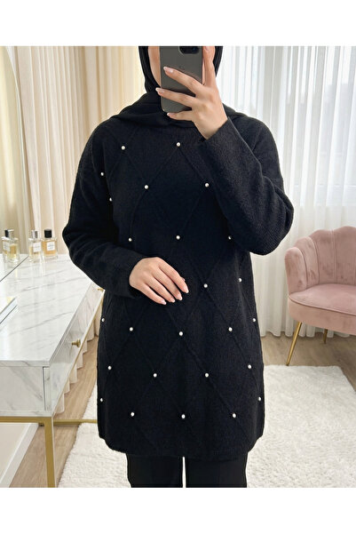 Modamorfo Stone Detailed Diamond Pattern Bearded Knitwear Tunic - Black