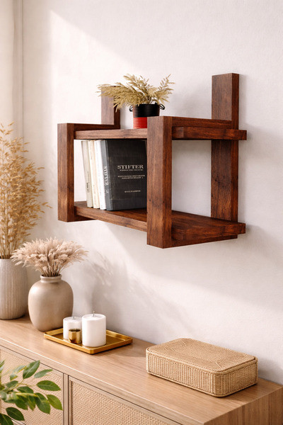 The N Wood Retro Tasarımlı Doğal Masif Ahşap Duvar Rafı Çift Raflı Dekoratif ...