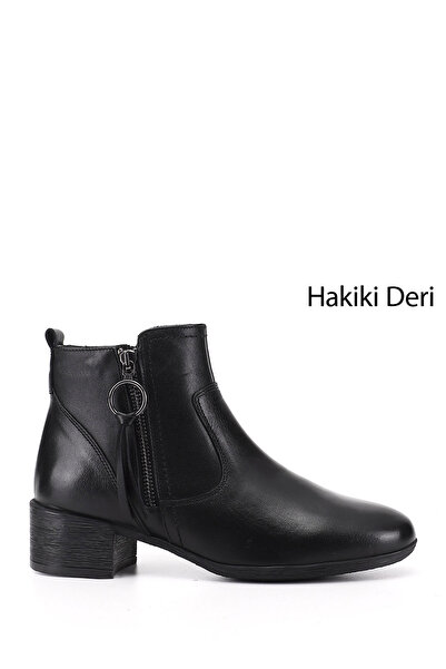 GÖNDERİ(R) Women's Black Double Zippered Thick Heeled Genuine Leather Boots