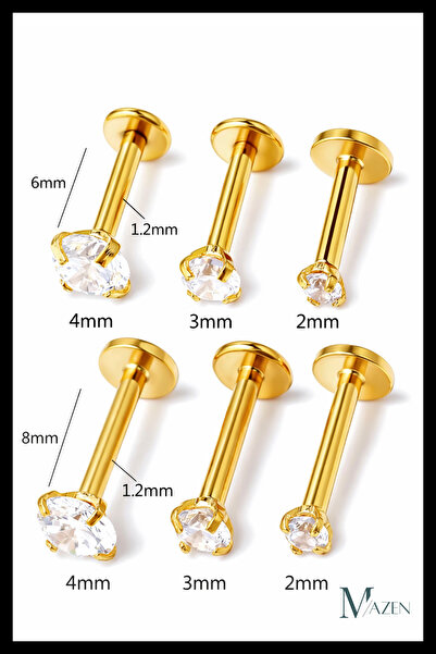 MAZEN 3 Adet Cerrahi Çelik Taşlı Tragus, Helix, Dudak, Kıkırdak Piercing ( Bar Uzunluğu Seçiniz )
