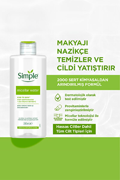 Simple Kind to Skin Micellar Ovalama Gerektirmeyen Gözenek Açıcı Nemlendirici Makyaj Temizleme Suyu 200 ML