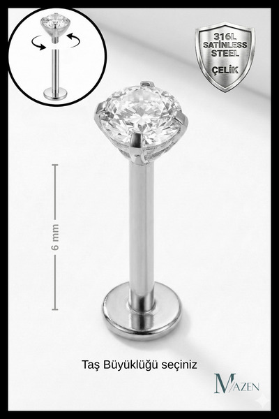MAZEN Kısa Barlı ( 6 mm ) Cerrahi Çelik Taşlı Piercing, Tragus Gümüş Renk ( T...