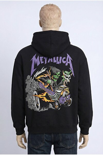 LELVANİ سويت شيرت بقلنسوة مقاس كبير باللون الأسود مطبوع باللون الأرجواني من م...