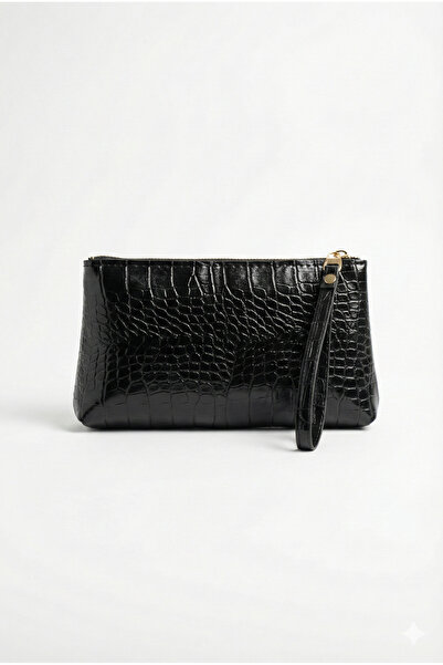 PurpleART Kadın Siyah Pörtföy El Çantası Kroko Croco