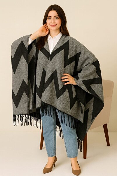 ALDAİR Kadın Kışlık Çift Taraflı Panço Omuz 140x140