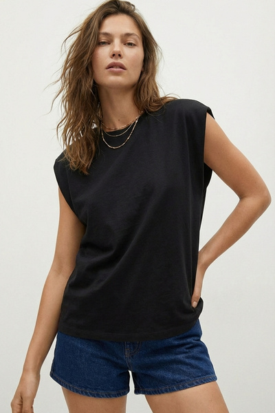 Elemge تي شيرت نسائي من القطن 100% من نوع سوبريم توك، قصة فضفاضة أسود، بأكتاف...