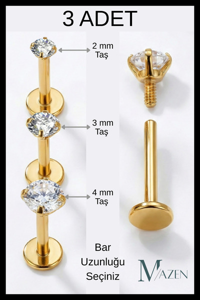 MAZEN 3 Adet Cerrahi Çelik Taşlı Tragus, Helix, Dudak, Kıkırdak Piercing ( Bar Uzunluğu Seçiniz )