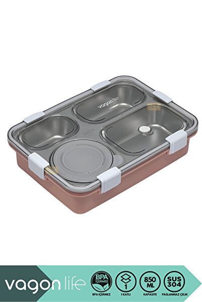 Vagonlife BL50433-1 850ml 4 Bölmeli Pembe Çelik Saklama Kabı