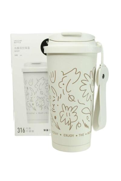 Shotay ST-8913 Çift Kullanım Pipetli/Rahat İçim Beyaz 500ml Çelik Termos