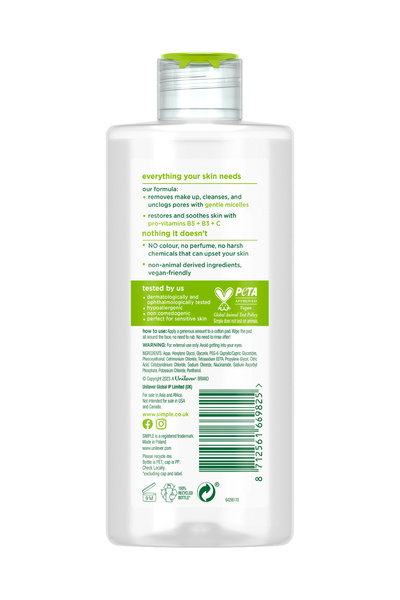 Simple Kind to Skin Micellar Ovalama Gerektirmeyen Gözenek Açıcı Nemlendirici Makyaj Temizleme Suyu 200 ML