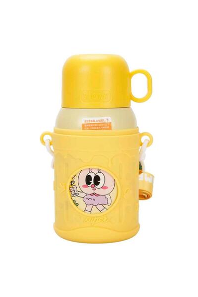 Shotay ST-8817 480ml Askılı Silikon Kılıflı Pipetli Desenli Sarı Çelik Matara