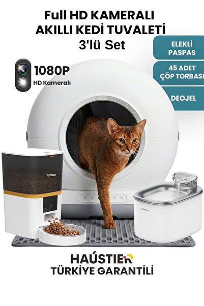 Haustier Akıllı Otomatik KAMERALI Kedi Tuvaleti, Akıllı Mama Kabı,Kedi Su Seb...