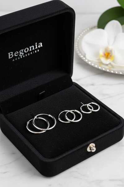 Takıparkxs 925 Ayar Gümüş Üç Boy 3 Çift Unisex Silver Halka Küpe Seti