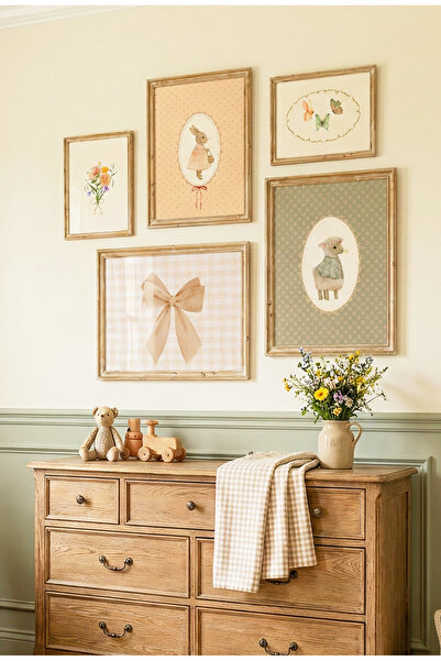 leilart Vintage pastel tonlarda tavşan, kuzu ve çiçek temalı 5’li çocuk odası...