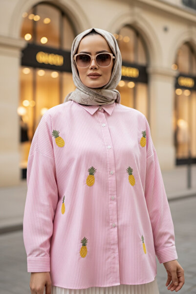 ASEL FASHİON قميص بوبلين مخطط باللون الوردي - مطرز بالأناناس