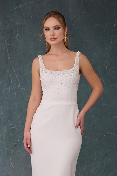 Carmen Λευκό Κρεπ Νυφικό με Πέρλες με Χαμηλή Πλάτη