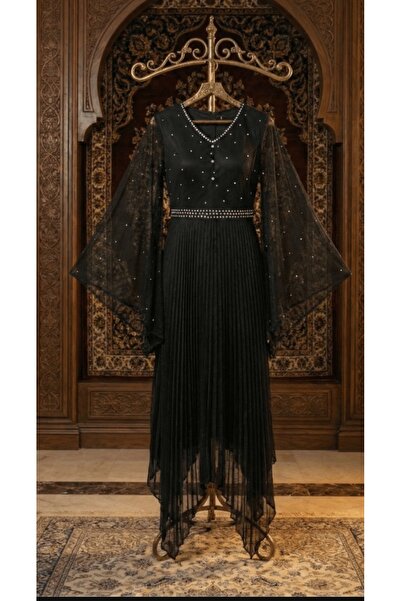 alqarat فستان رقيق بأكمام واسعة من قماش بليسيه