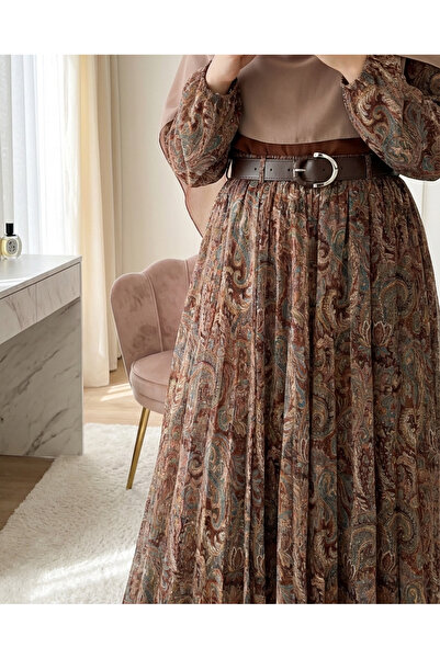 Modamorfo Asymmetrical Cut Lined Chiffon Skirt with Belt - Khaki