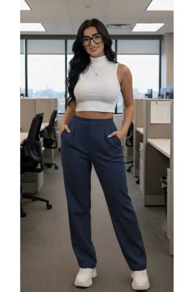 ZUM بنطلون بالازو باللون الأزرق الداكن للنساء مع جيوب، تصميم غير رسمي، مقاس ك...