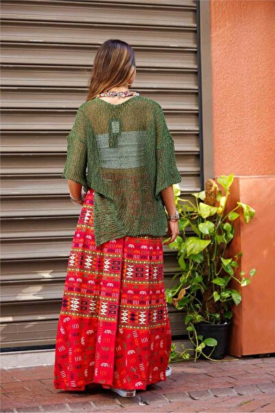 Miss Boheme Khaki Color Asymmetrical Mercerized Blouse with Piece Detail