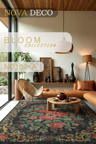 Nova Deco Floral ve Karabağ Figürlü Kırmızı Siyah Renkli Çiçek Desenli Bloom