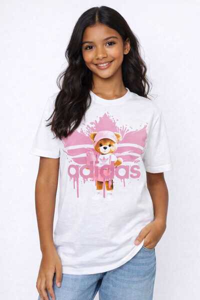 Elit Butik Bluză albă pentru fetițe, cu imprimeu ursuleț pe față și spate tricou