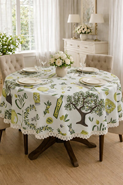 Rona Home مفرش طاولة دائري فاخر بنمط فروع الزيتون مع حواف مزخرفة، مقاوم للبقع...