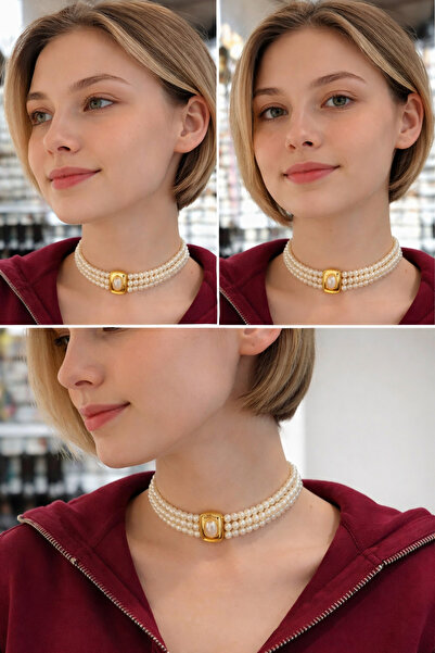 Boox99 Wip Vintage Choker İnci Gold Kare Model Kolye