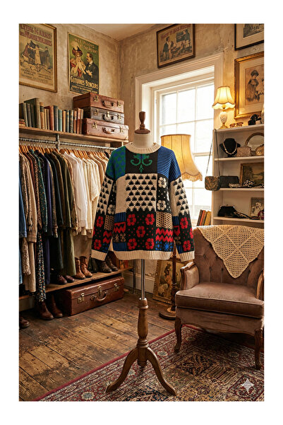 Namaste Vintage Bisiklet yakalı retro desenli akrilik kazak