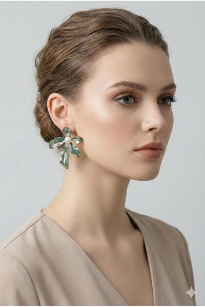 HAZAL KAYA ATELIER Green Gold Pearl Detailed Flower Women's Earrings