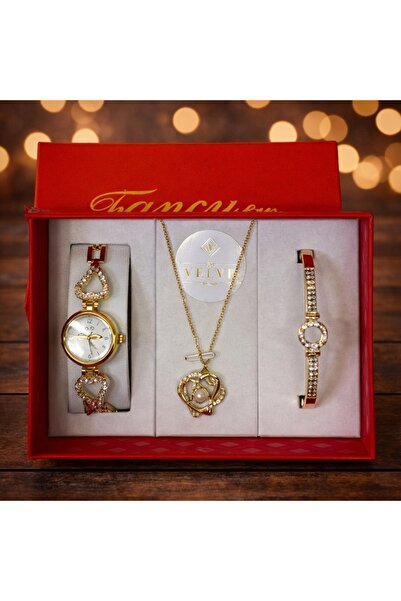 velve Set Fancy pentru femei cu trei piese: bratara, ceas, colier, Auriu, Mod...