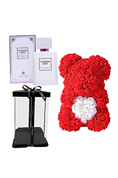 velve Set cadou fete,Ursulet floral cu inima alba din spuma 25 cm,Parfum Loui...