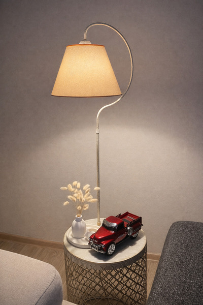 VENON Sehpalı Lambader Elips Krem Sarı Patine Metal Gövde ⭐️Krem Kumaş Şapka⭐...