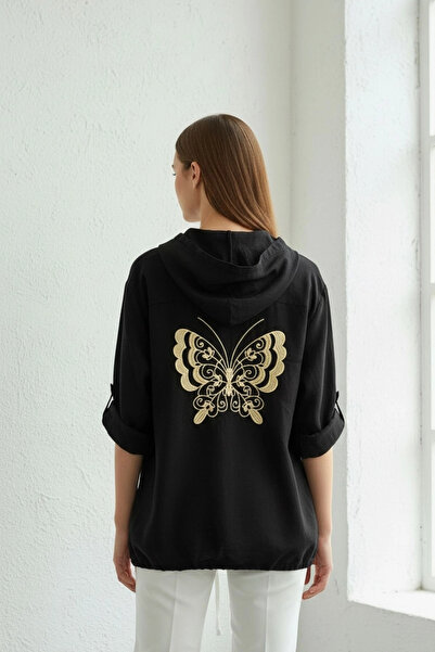 Bİ.GİYSEN Γυναικείο μαύρο μπουφάν πουκάμισο από λινό βαμβακερό ύφασμα με κέντ...