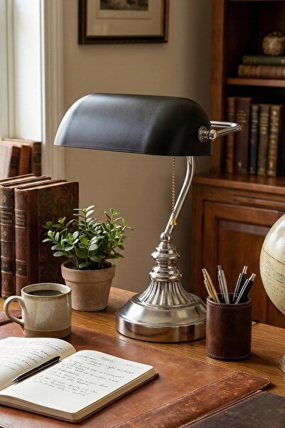 AbajurAksesuar Banker Masa Lambası Gümüş Siyah