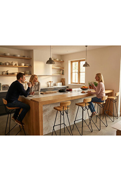 demirnesil 70 cm Masif Ahşap Bar Taburesi - Modern Metal Ayaklı Ada Mutfağı S...